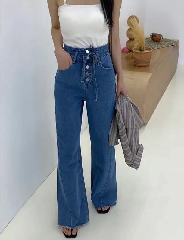 

High Waist Single Row Multi-Buled Denim Jeans Women's Vintage Loose Straight Leg Wide Leg Frayed Long Pants