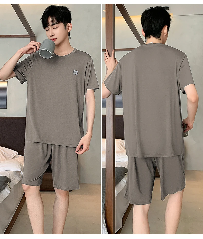 Sommerliches neues Herren-Pyjama-Set, kurzärmeliges Homewear-Set für Herren, einfarbig, lässiges Pyjama-Set für Teenager und Studenten. – Detail 13