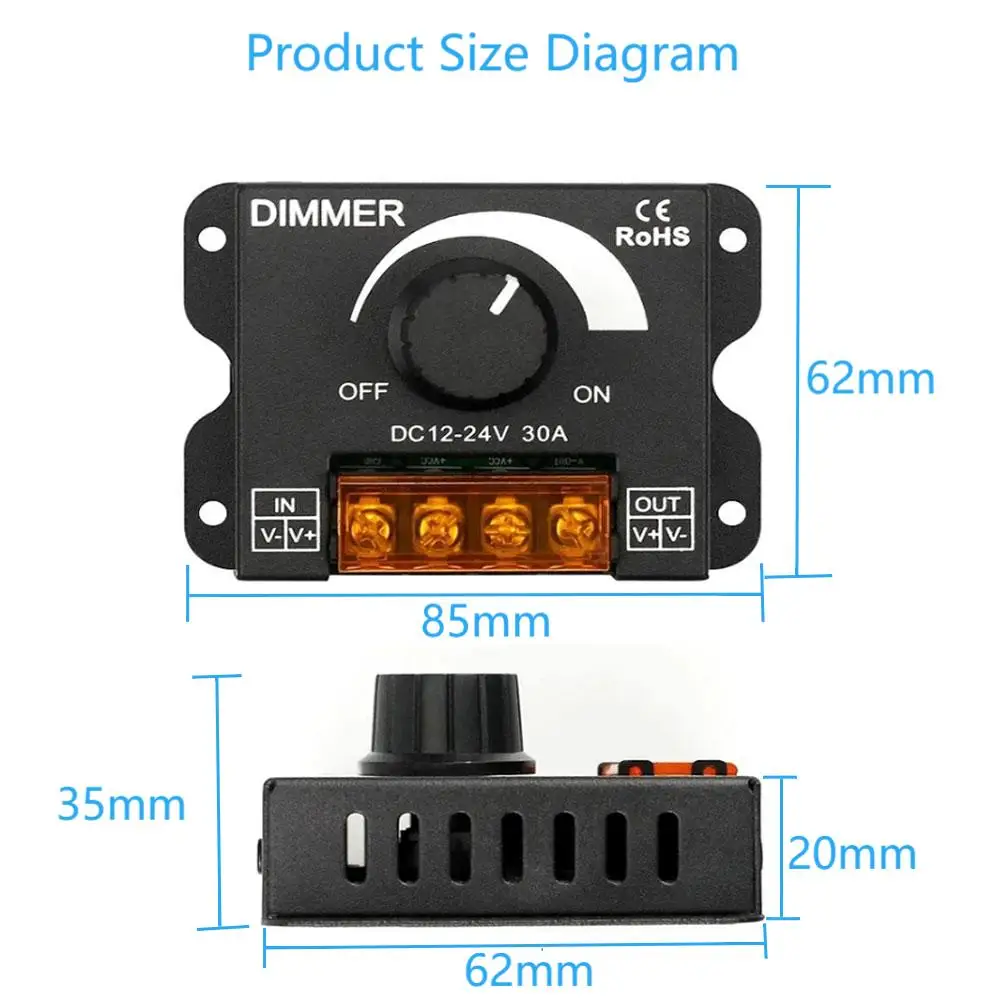 DC 12V-24V ściemniacz LED 30A LED monochromatyczny kontroler PWM cyfrowe bezstopniowe ściemnianie do taśmy lampy jednokolorowa lampa