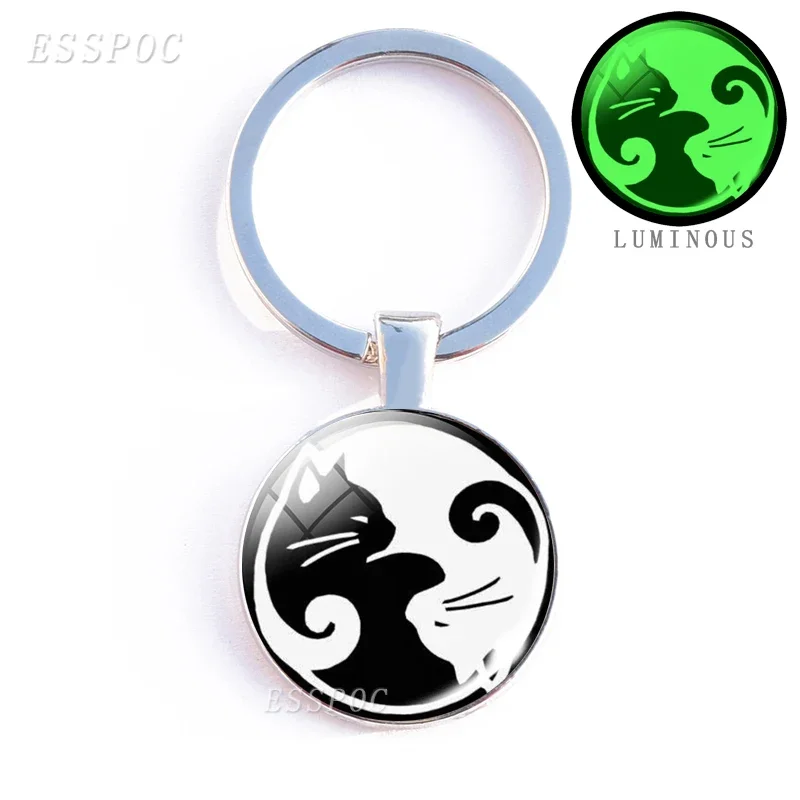 Glowing Yin Yang Taichi Symbols Double Keychain Vintage Two Yin Yang Cats Jewelry Luminous Glass Double Sided Keyring Gifts