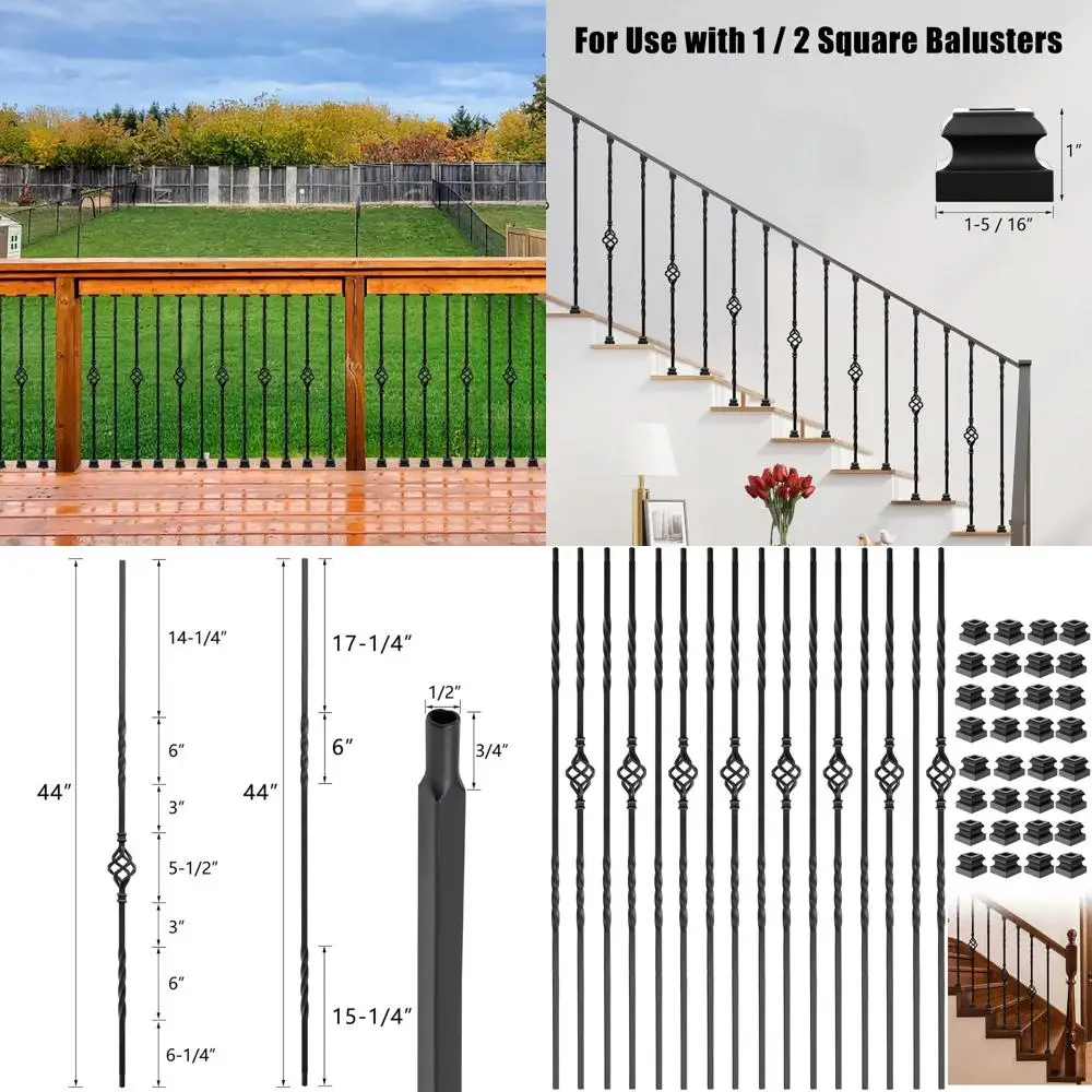 

16-Pack 44 Satin Black Wrought Iron Stair Balusters: 8 Double Twist & 8 Single Basket
