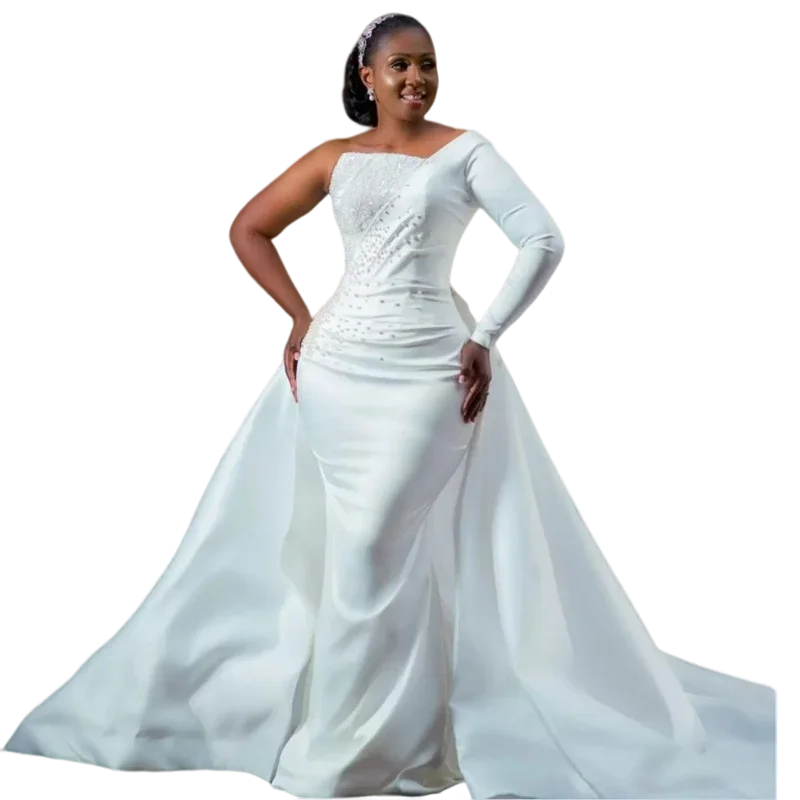 

Customized Modern Pearls Mermaid 2023 Wedding Dress With Detachable Train Satin One Shoulder Long Sleeves Bridal Gowns