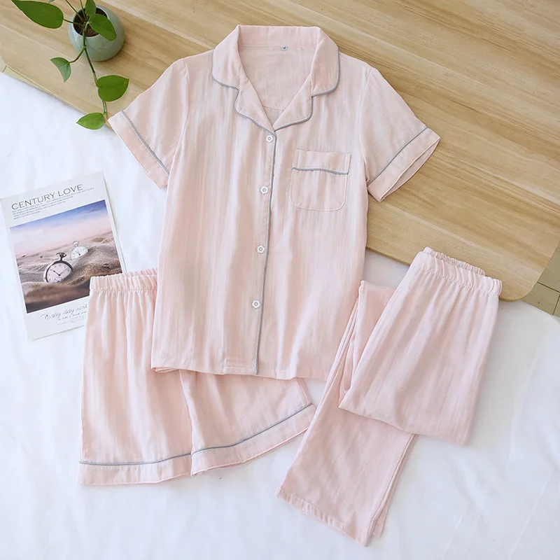 Spring and summer new women\'s pajamas three-piece set short sleeves + shorts + trousers 100% cotton gauze ladies home set