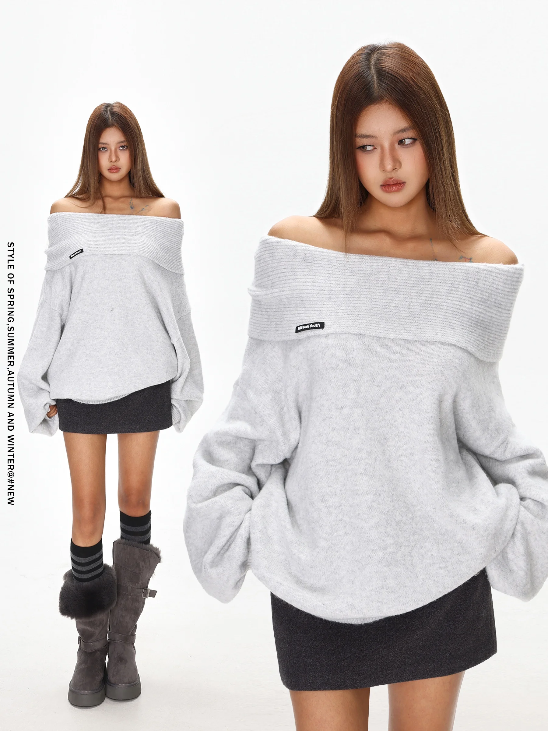 

American Sle Lazy oulder Bared Knitted Sweater Women's Winter Hat Design Loose Fit Soft Long Sve Casual Knitwear