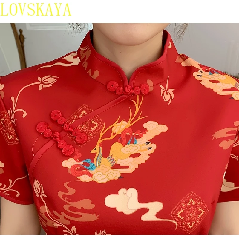 New Year's Red Carnival Party Summer Fashion Modern Checkered A-line Dress Women's Traditional Chinese Costume