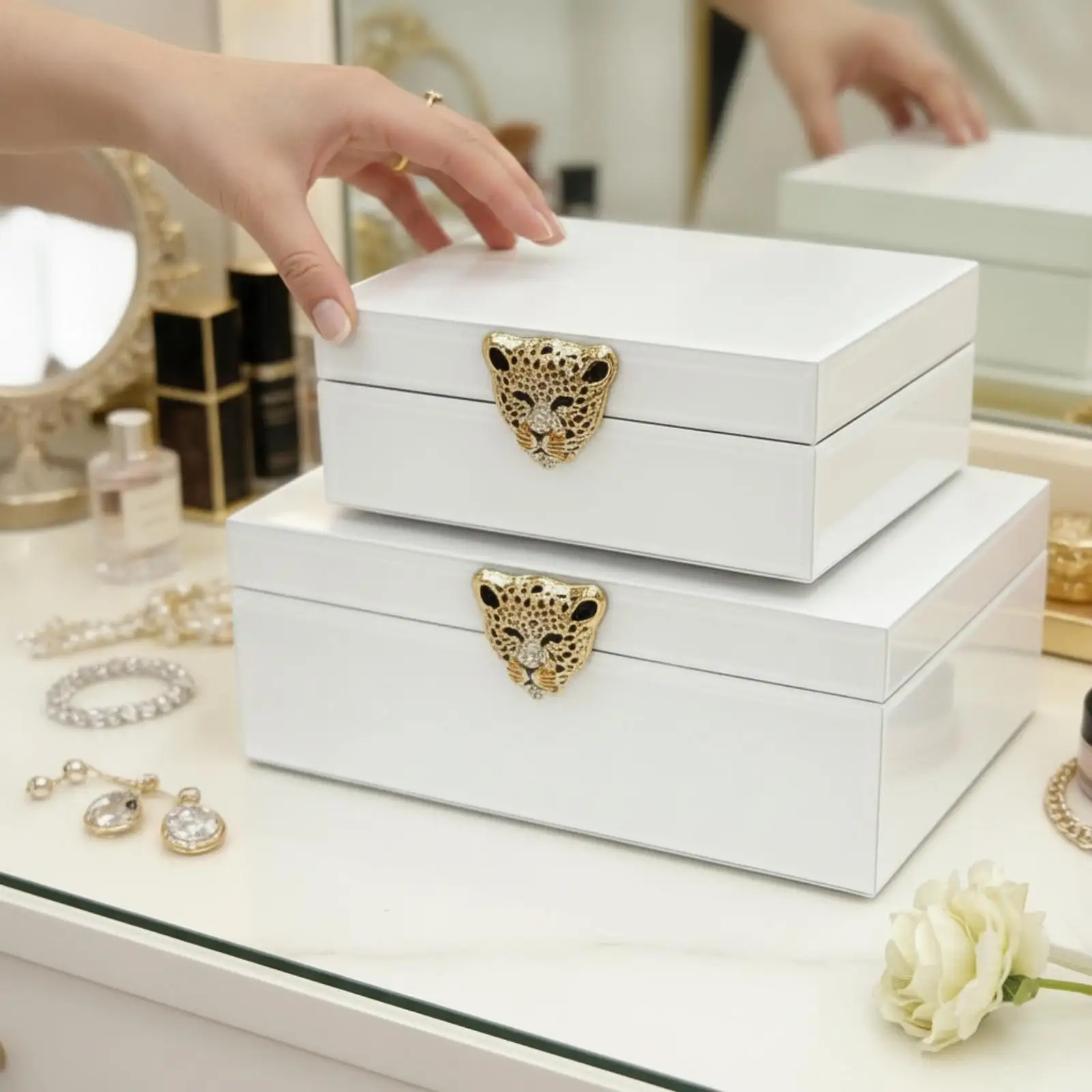 Elegant Glass Jewelry Box Double Layer Organizer Case with Hinged Lid for Women Vanity Display