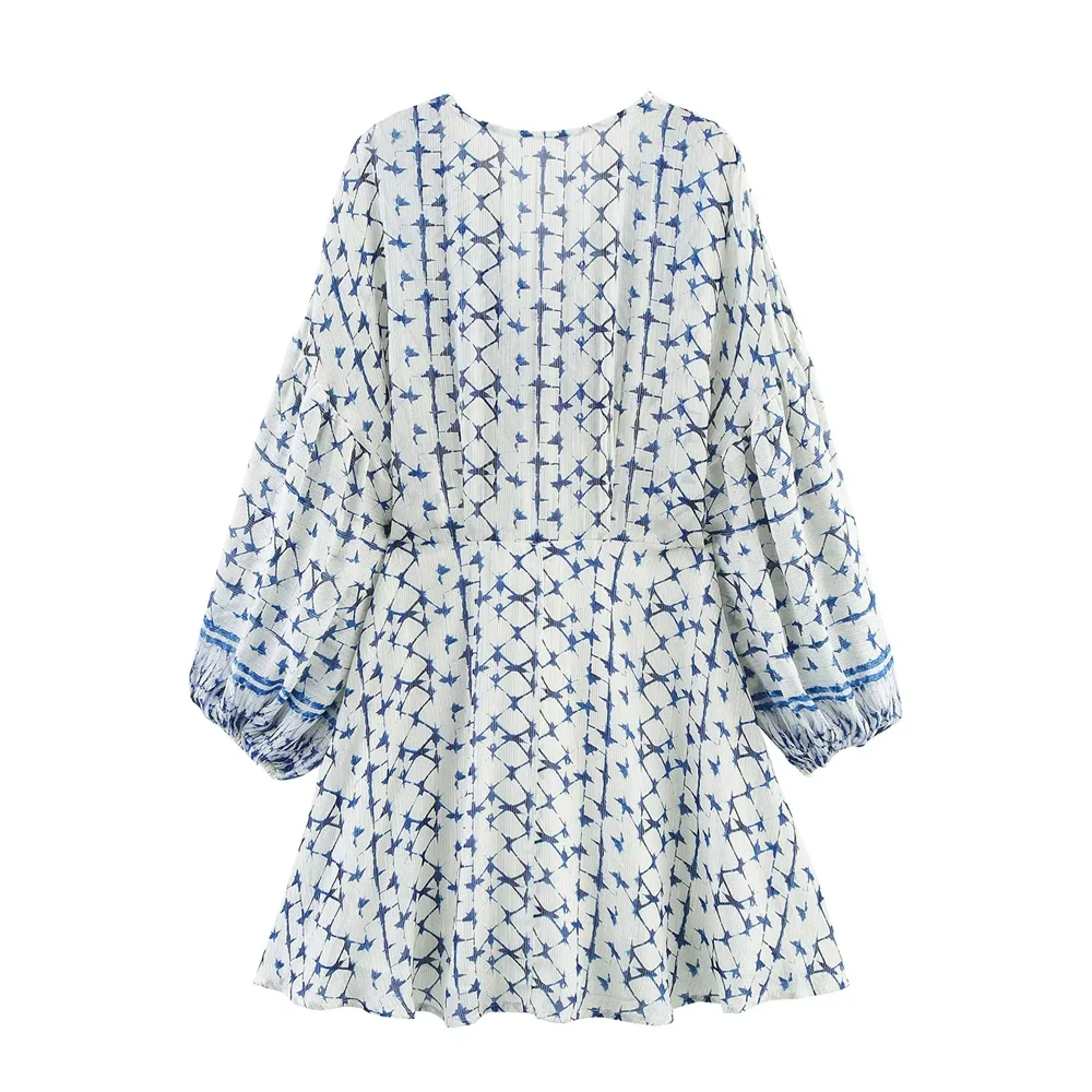 BM & MD & ZA2025 خط ذهبي مطبوع على شكل حرف v وأكمام طويلة فستان فضفاض غير رسمي متعدد الاستخدامات تنورة قصيرة ملابس نسائية صيفية جديدة #2