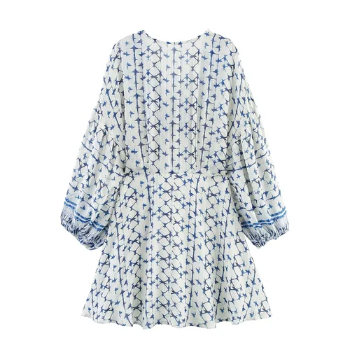 Imagen 2 del producto BM & MD & ZA2025gold línea impresa cuello pico manga larga suelta casual versátil vestido Falda corta novedad de verano ropa de mujer