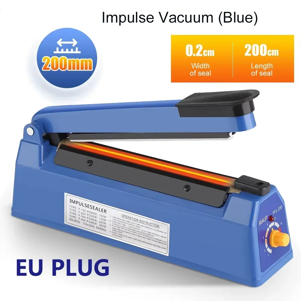 Sealing Machine Heat Sealer 8 Adjustable Levels 220V 200mm Impulse Sealer for Plastic Foil Kraft Food Packaging Kitchen