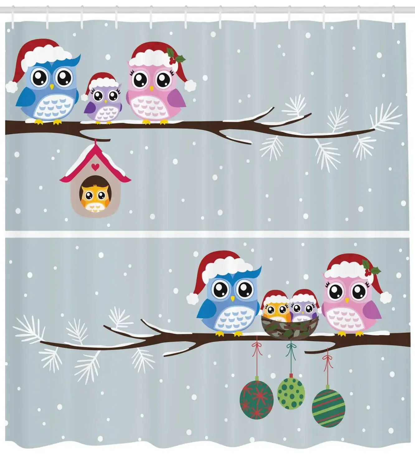 

Owl Family with Santa Hats on Tree Branch with Babies in Nest Birds Snowy Winter Print