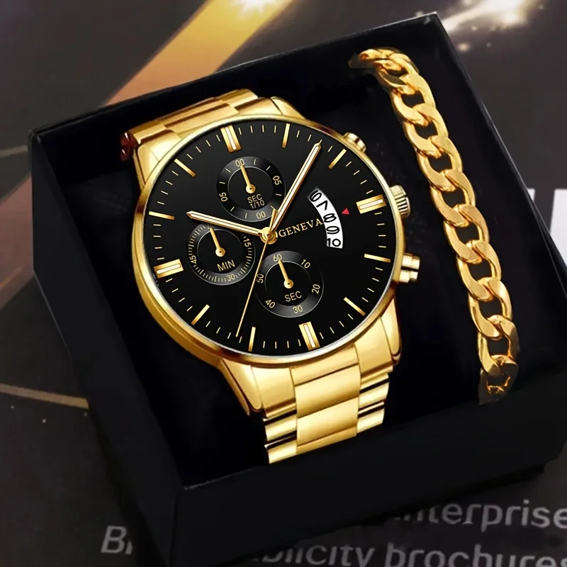 2pcs/set, Fashion Mens Business Stainless Steel Quartz Watch & Bracelet Set