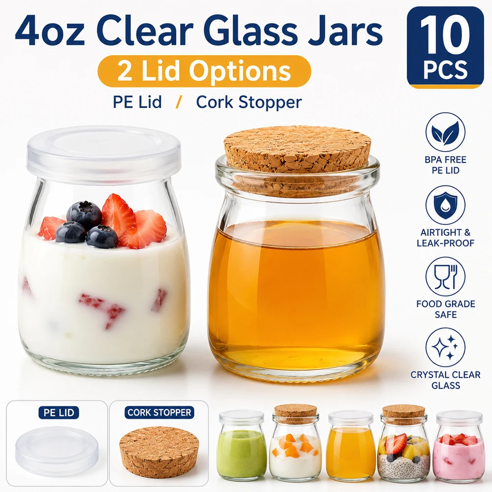 Frascos de Vidrio Transparente de 4oz con Tapas de PE/Corcho, Recipientes de Vidrio para Yogur, Frascos de Vidrio para Pudín, Frascos de Vidrio para Yogur, Leche, Mermeladas, Gelatina, Mousse, Miel