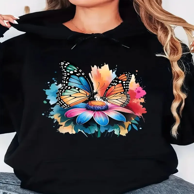 

Женская повседневная толстовка больших размеров с ярким дизайном бабочки, пуловер большого размера, толстовка с завязками, осенний модный топ с длинными рукавами