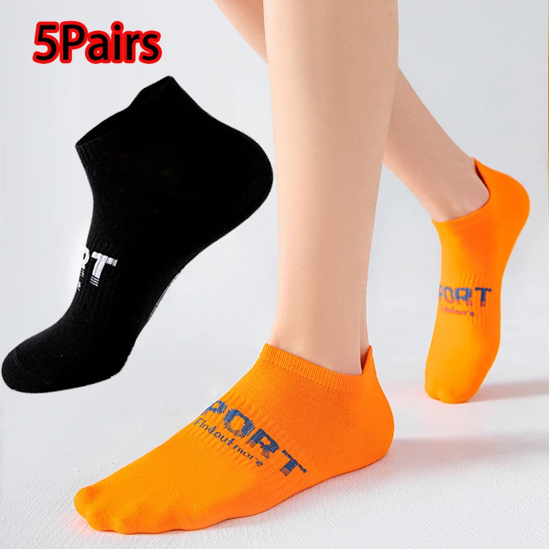 5 Pairs Men's Ankle Socks Breathable Mesh Athletic Sports Low Cut Casual Cotton with Letters Pattern Boat Socks