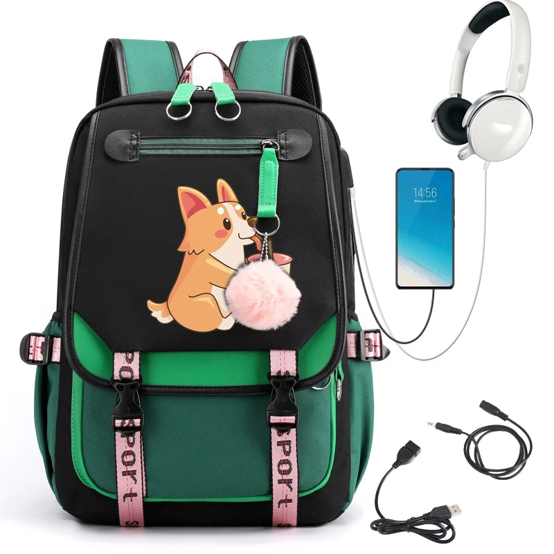 Anime Cartoon Mochila para Estudantes Universitários, Bonito Corgi Boba, Laptop Bag, Travel Book Bag, Moda, Kawaii, Novo