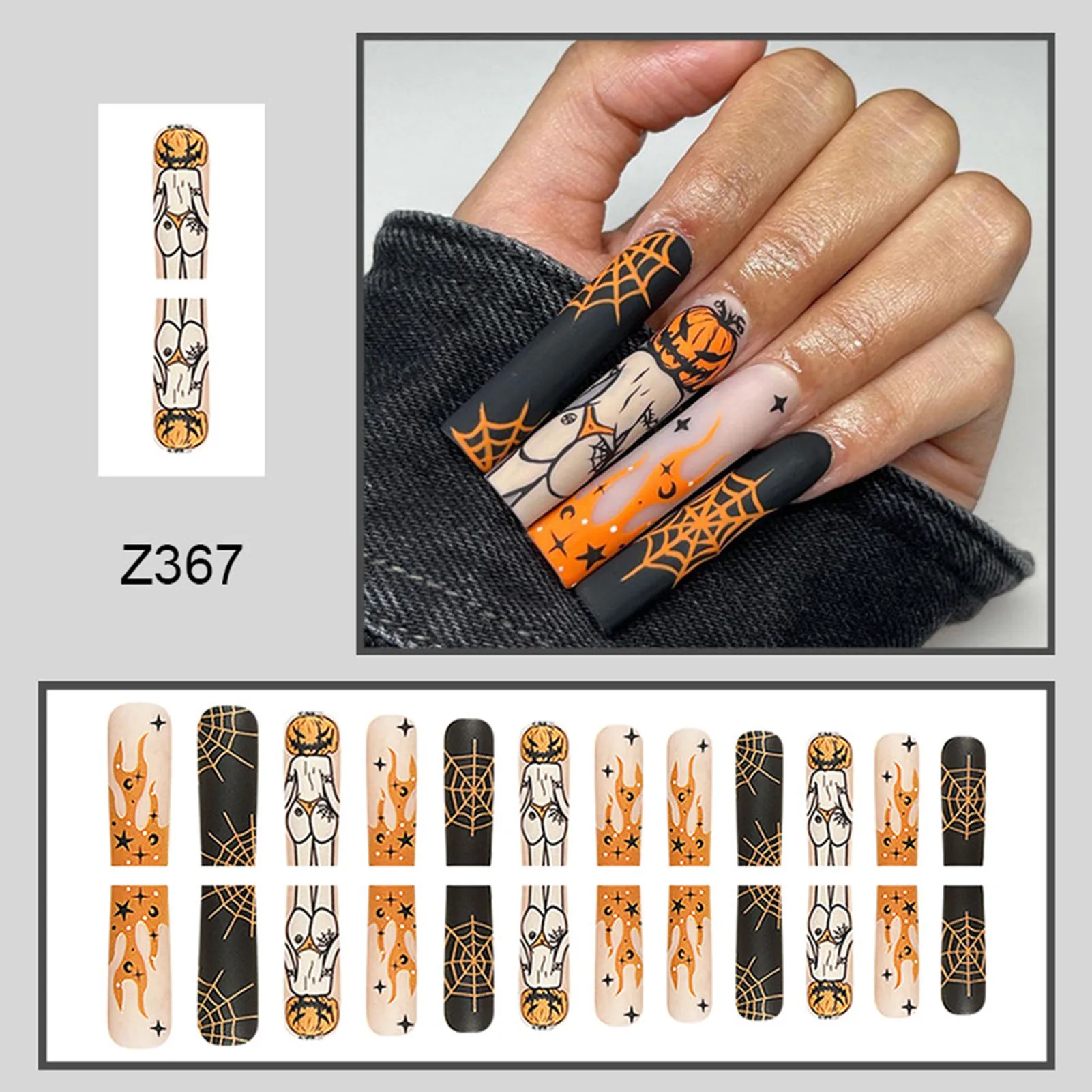 Matte Halloween Theme Fake Nails Flame Pumpkin Printed Smudge-Proof Fake Nails for Hot Girl Dress Matching