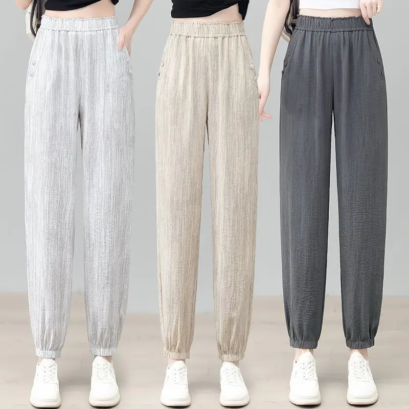 Women Casual Cotton Loose Fit Nine Point Pants New Summer Thin Buckle High Tie Elastic Waist Harem Pants Q499