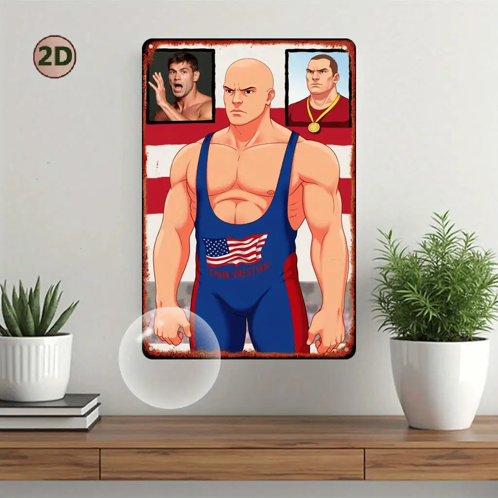 Vintage Metal Tin Sign  - Patriotic Wrestling Art Wall Decor with American Flag & Wrestlers, Rustic Iron Indoor/Outdoor Sign fo