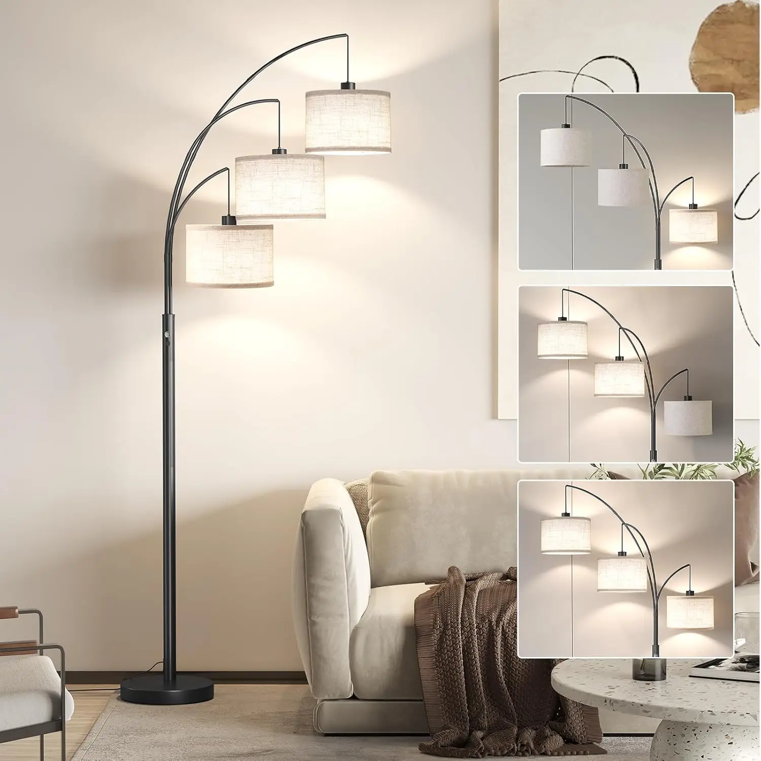 

Modern 3-Light Arc Floor Lamp, 78" Tall with Rotatable Shade for Living Room, Bedroom, Office