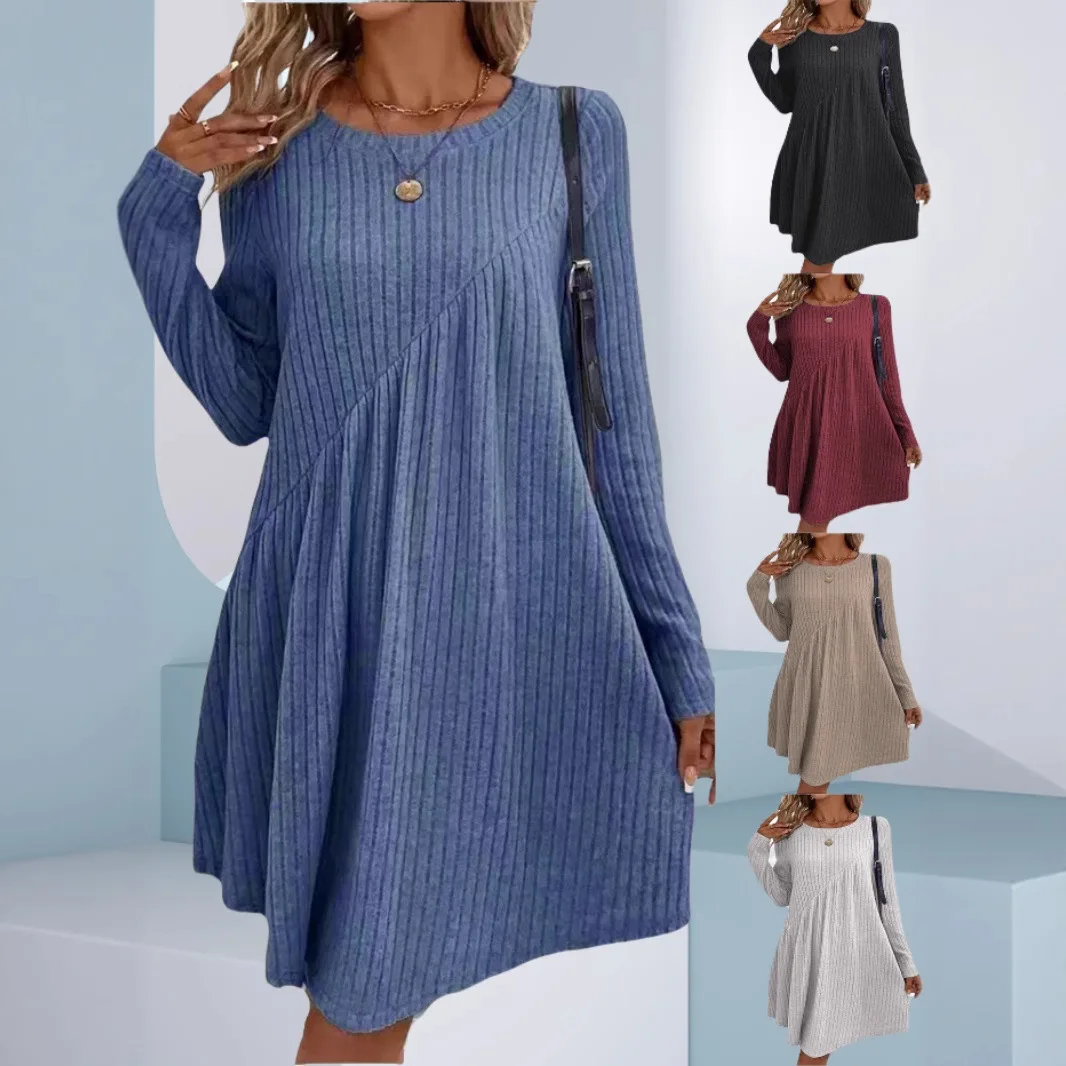 

Women's 2025 Autumn Winter Bohemian Irregular Brushed Rib Solid Dress long sleeve women clothing