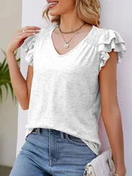 6-Color Summer T-Shirt For Women Casual V-Neck Pleated Short Sleeved Top Female Casual Daily Tee