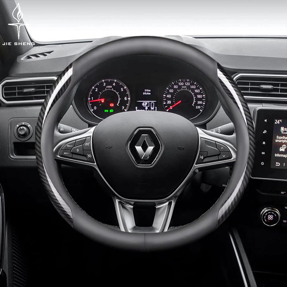 

Car Steering Wheel Cover For Renault RS Clio Scenic Logan Megane Koleos Twingo Sandero Arkana Duster Captur Carbon Fiber Leather