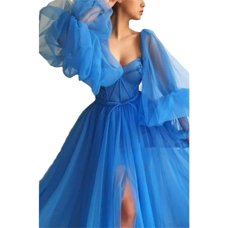 2024 spring summer new European and American women\'s one-line shoulder gauze long-sleeved dress wedding dress