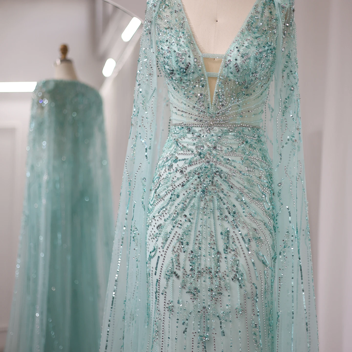 Sharon Said-Robe de Soirée de Forme Sirène Luxueuse et Argentée, Tenue de Mariage avec Cape, Col en V, Turquoise, SS397