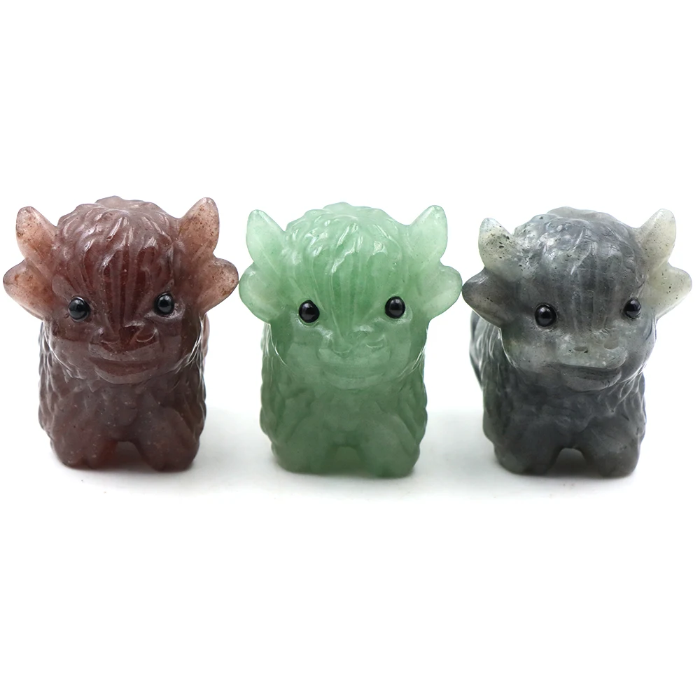 

Natural Healing Crystals Stone Highland Yak Statue Reiki Energy Chakra Gemstone Cartoon Animal Home Halloween Decoration Gifts
