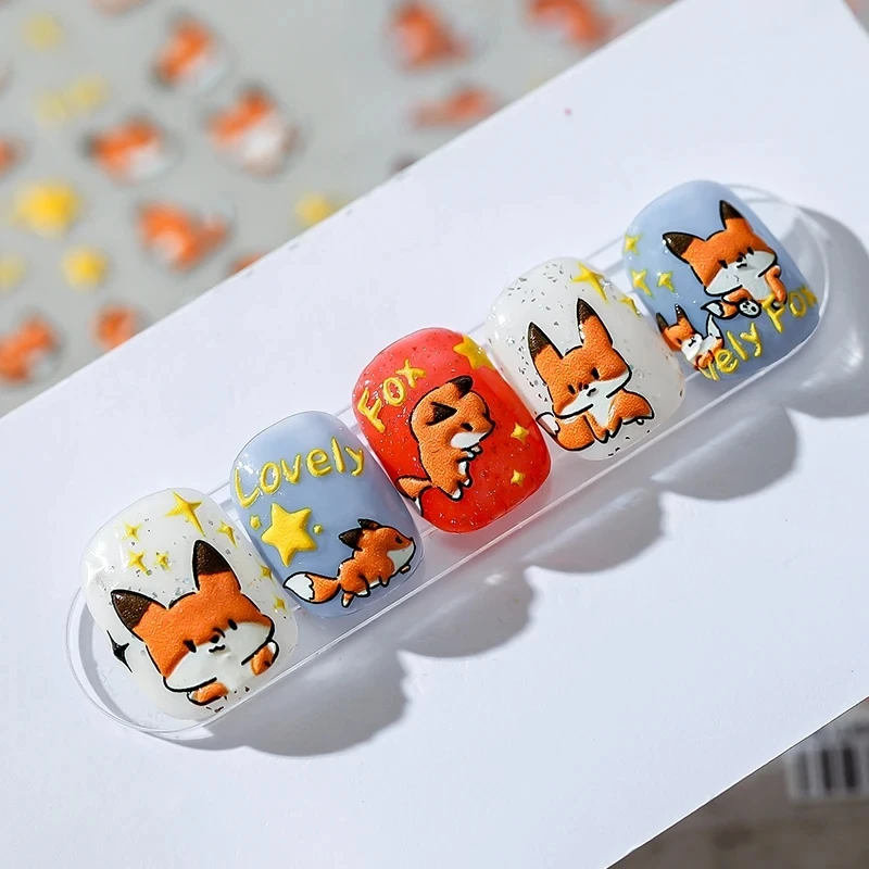 Lovely Red Fox Cartoon 5D Soft Reliefs Self Adhesive Nail Art Stickers Cute 3D Nail Decoration Decals Wholesale Dropshipping