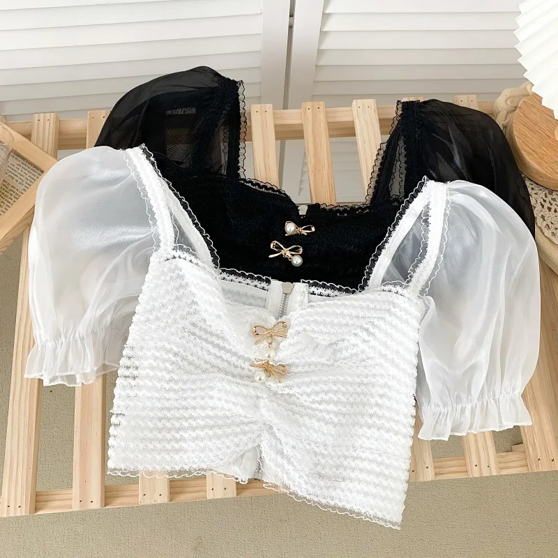 Summer Women's Blouse Square Collar Lace Slim Sexy Exposed Navel Knitted Short Sleeve Top