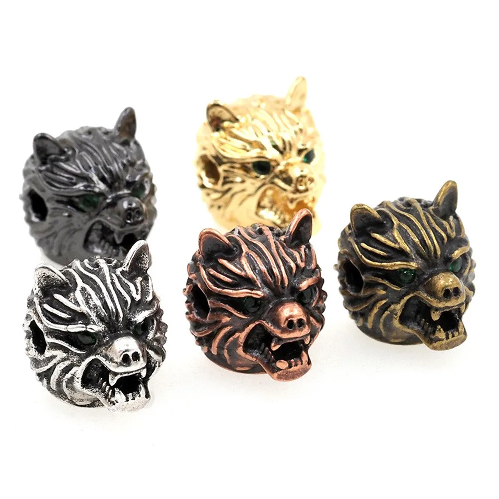 

2PCS Wolf Head Spacer Beads Gold Plated Brass Antique Bronze Silver Color Metal Lanyard Bead For DIY Bracelet Paracord Jewelry