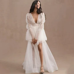 Charming Short Wedding Dress Deep V-Neck Illusion Long Sleeve Sexy Backless with Detachable Sweep Train Bridal Marriage Gowns