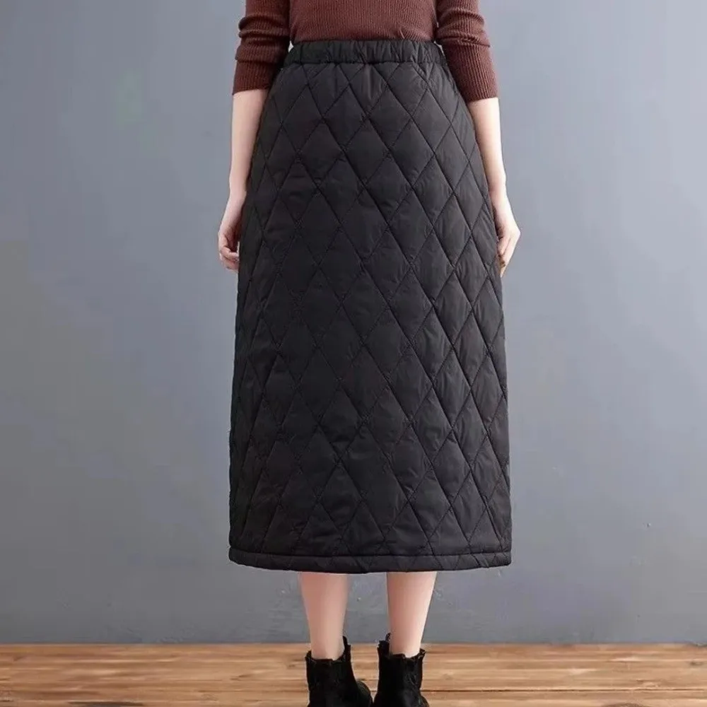 High Waist Midi Length Skirt Winter Thickened a-Line Outerwear Skirt Pocket Detail Windproof Design Cotton Long Skirt