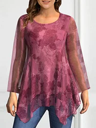 Women Plus Size Shirts Mesh Floral Vintage Round Neck See Through Asymmetric Hem Casual Autumn Fashion Blouse Tops 2024