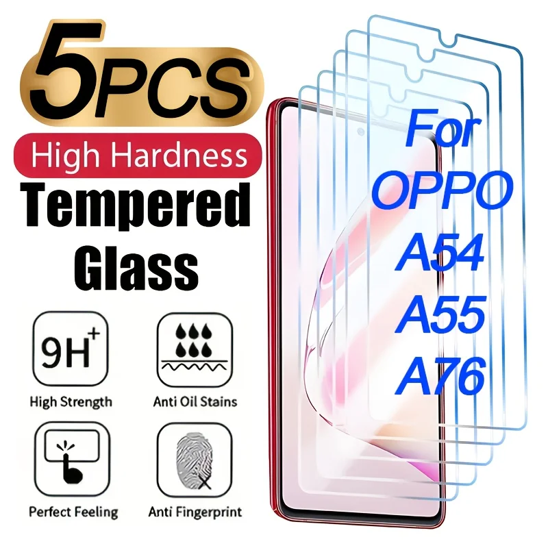

5Pieces for OPPO A54 A55 A76 9H Full Coverage Tempered Glass Screen Protector - HD Transparency, Anti-Fingerprint, Shatterproof