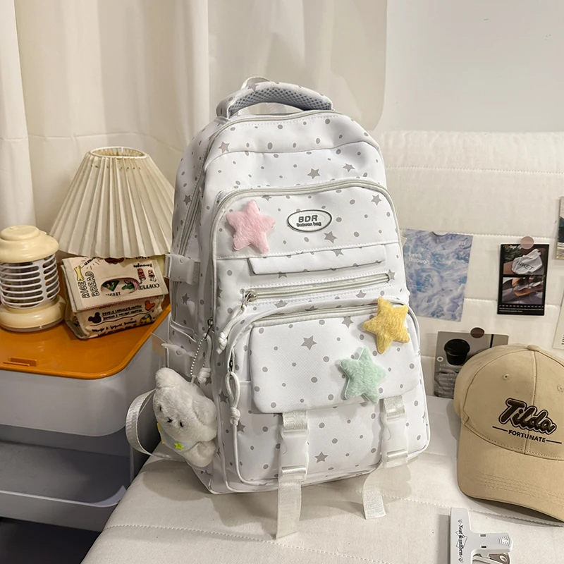 Damen Polka Dot Canvas Rucksack mit Stern-Dekor, Plüsch-Anhänger, verstellbarem Riemen, lässige Alltags- und Schultasche, 2026 Neuer Trend Rucksack