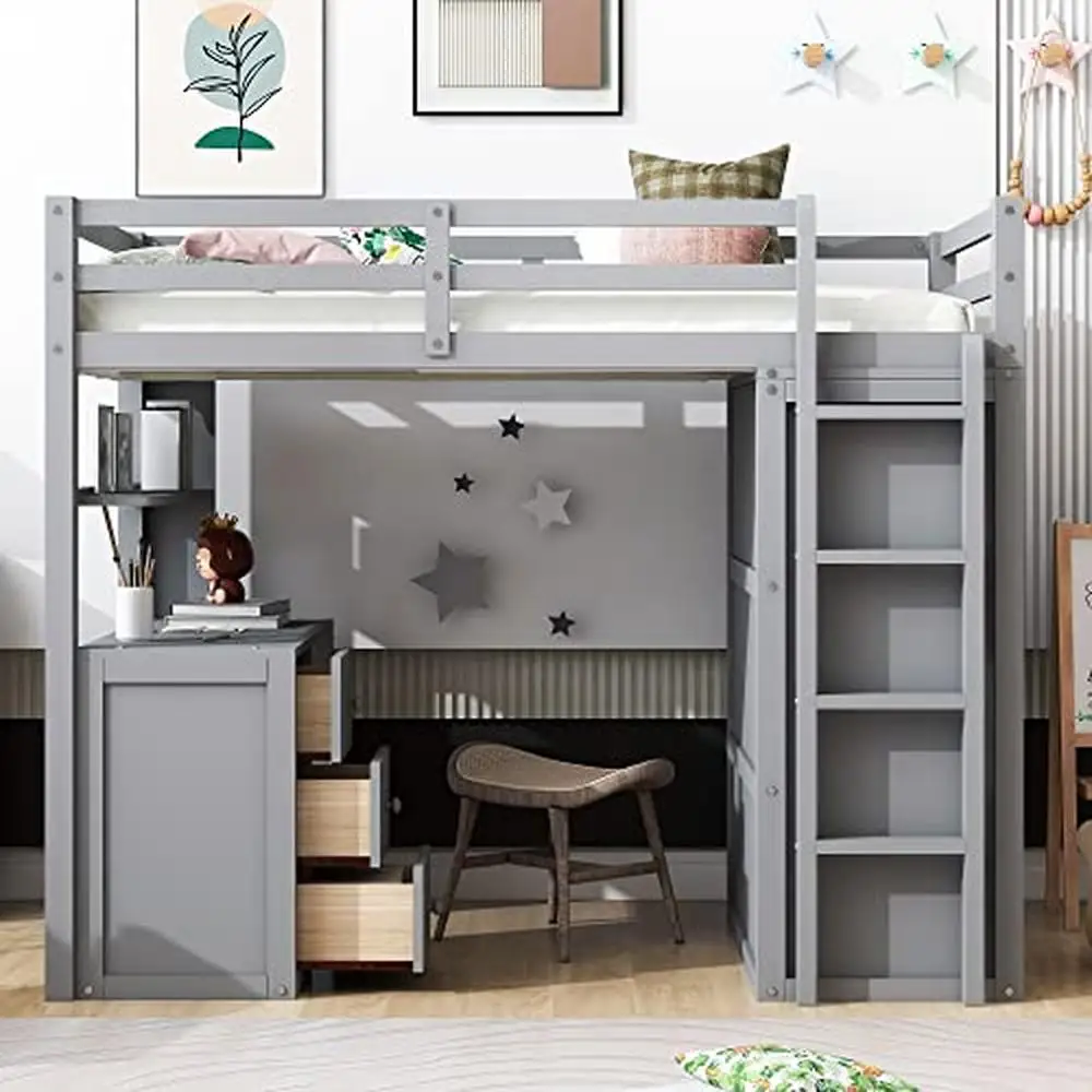 Modern Twin Loft Bed with Desk Wardrobe and Storage Drawers Solid Wood Frame Kids Teens Adults Gray 78.3