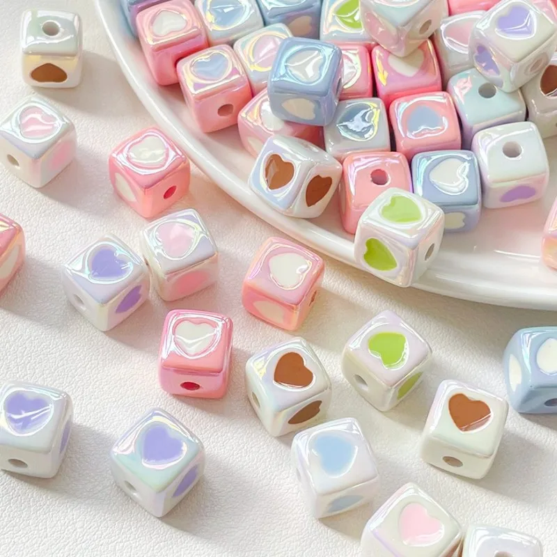 10Pcs/Lot 12MM Heart Cream Color Enamel Square Beads Diy for Bracelets Making Jewelry Findings