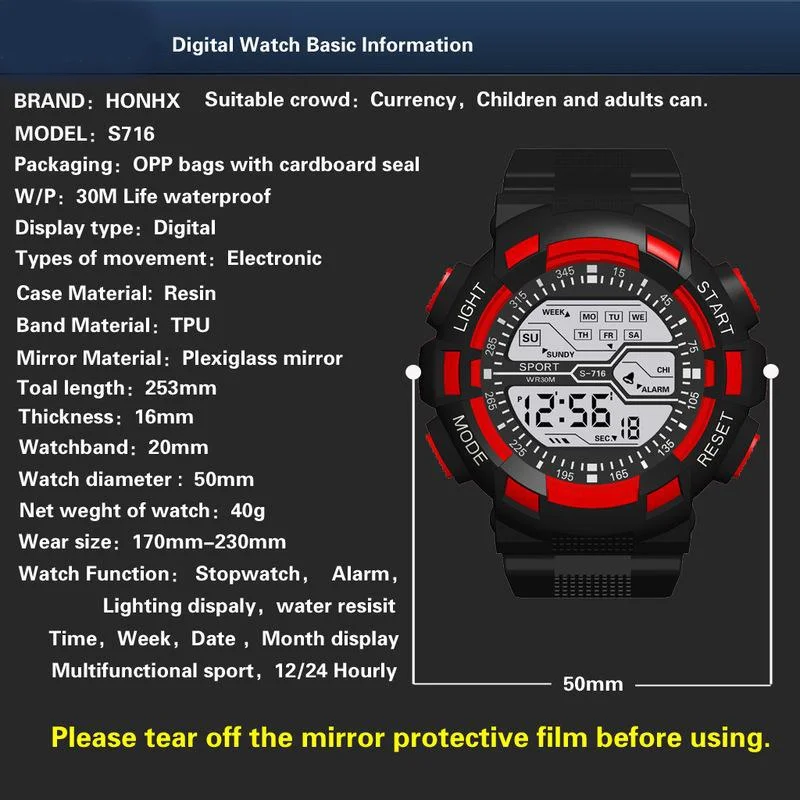 패션 다기능 남자 야외 스포츠 시계 LED 전자 방수 빛나는 군사 디지털 손목 시계 Reloj Hombre