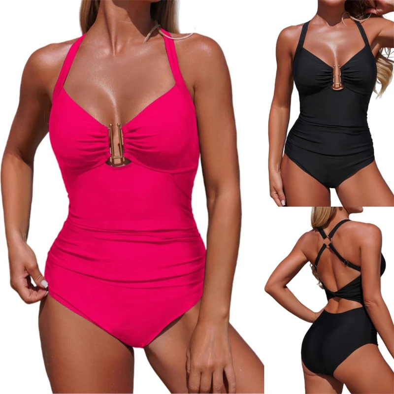 

2026 One Piece Women's Swimsuit V-Neck Low Cut Push Up Swimwear Cross Back Tummy Control Full Coverage Slimming Bathing Suit