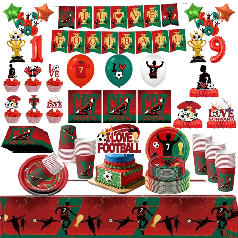 Decoraciones para Fiesta de Cumpleaños de Fútbol, Globos, Platos, Vasos, Servilletas, Pancarta, Mantel, Adorno para Pastel, Set de Artículos para Fiesta de Fútbol