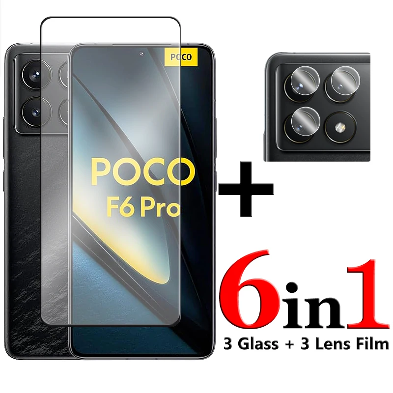 

6in1 For POCO F6 Pro Glass For POCO F6 Pro 5G Tempered Glass 2.5D Full Cover Glue Screen Protector For POCO F6 Pro Lens Film