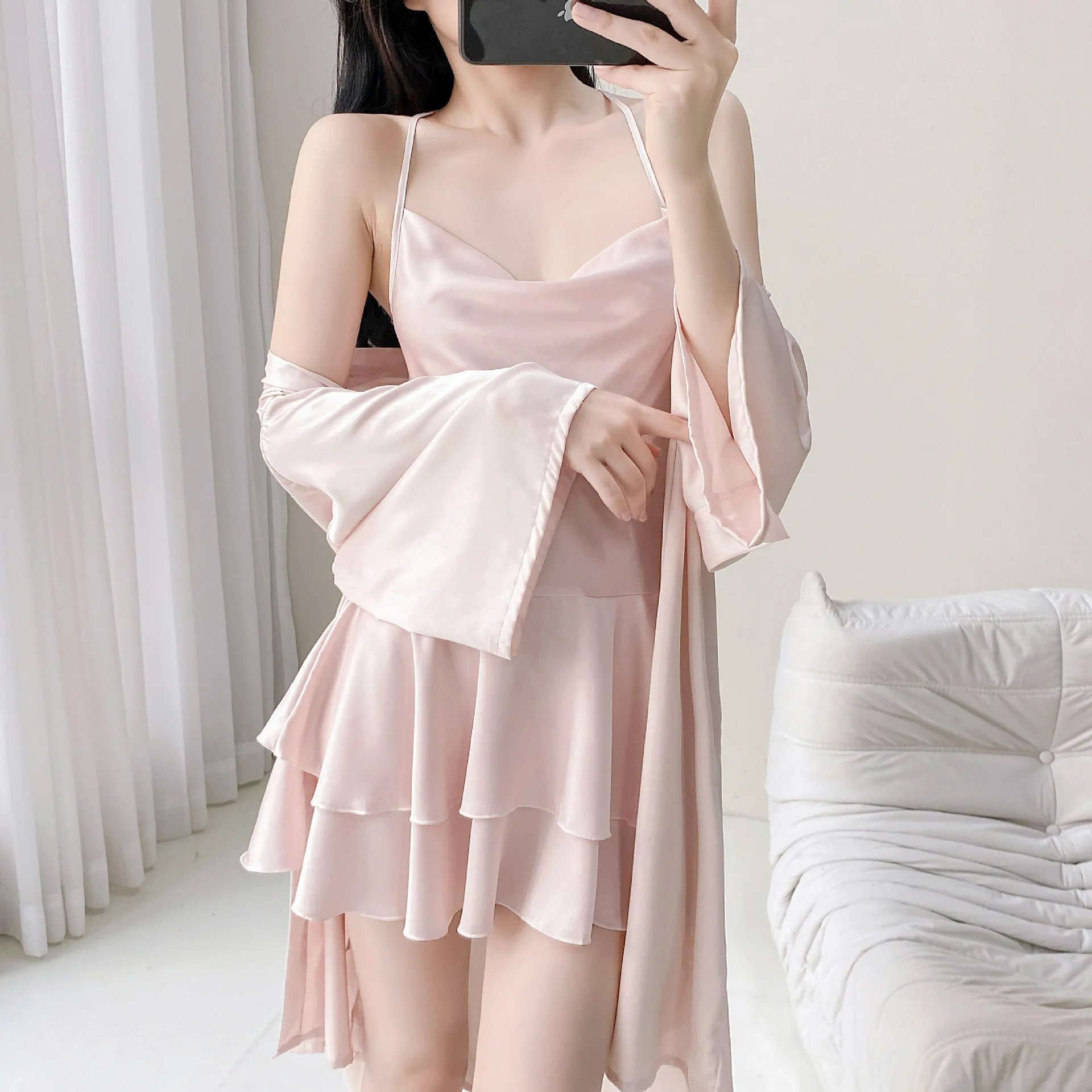 

Summer Female Twinset Robe Set Nightgown Sexy Lingerie Suspender Nightdress Silky Thin Satin Sleepwear