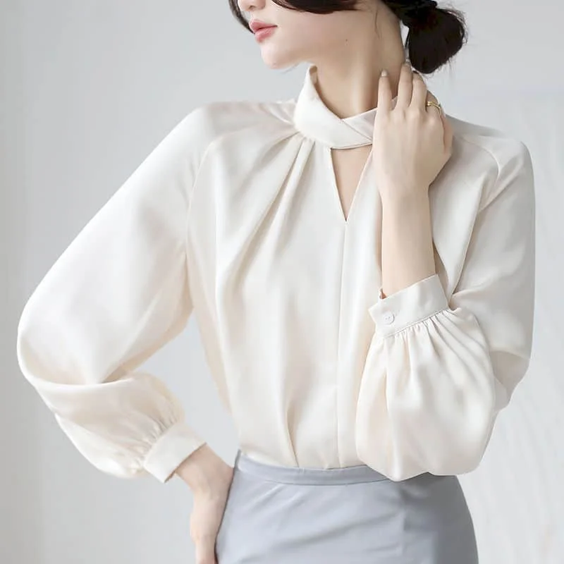 Camicie in Chiffon di raso per le donne Vintage a maniche lunghe allentate Casual stile coreano colletto alla coreana camicetta intera da ufficio