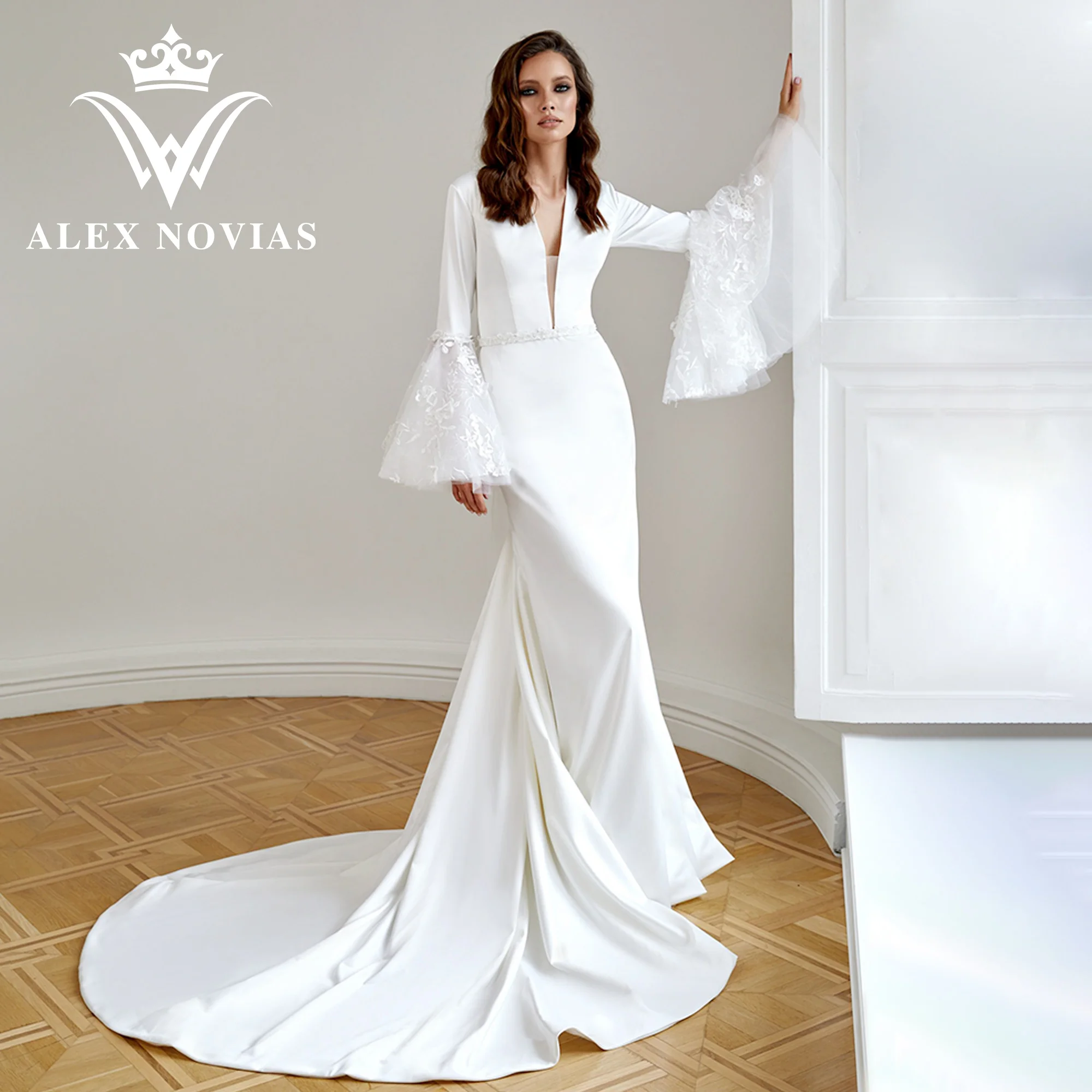 

Свадебное платье с юбкой-годе ALEX NOVIAS с поясом 2023 расклешенный рукав Глубокий V-образный вырез аппликация мягкое атласное платье платья Novias De Saten