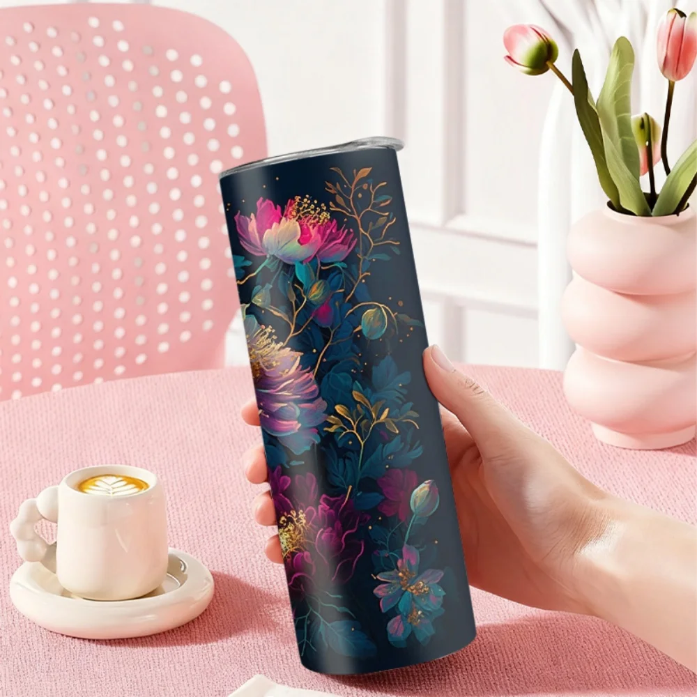 1pc 20oz straw water bottle, insulated stainless steel water cup with colorful floral art pattern. view 2