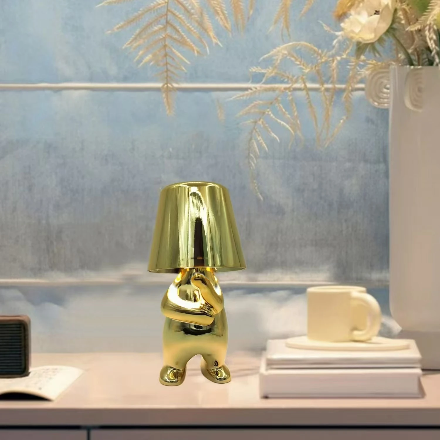 Bedside Touch Table Lamp, Gold Figurine Decoration Statue, Three-Level Brightness Small Night Light for Bedroom or Living Room