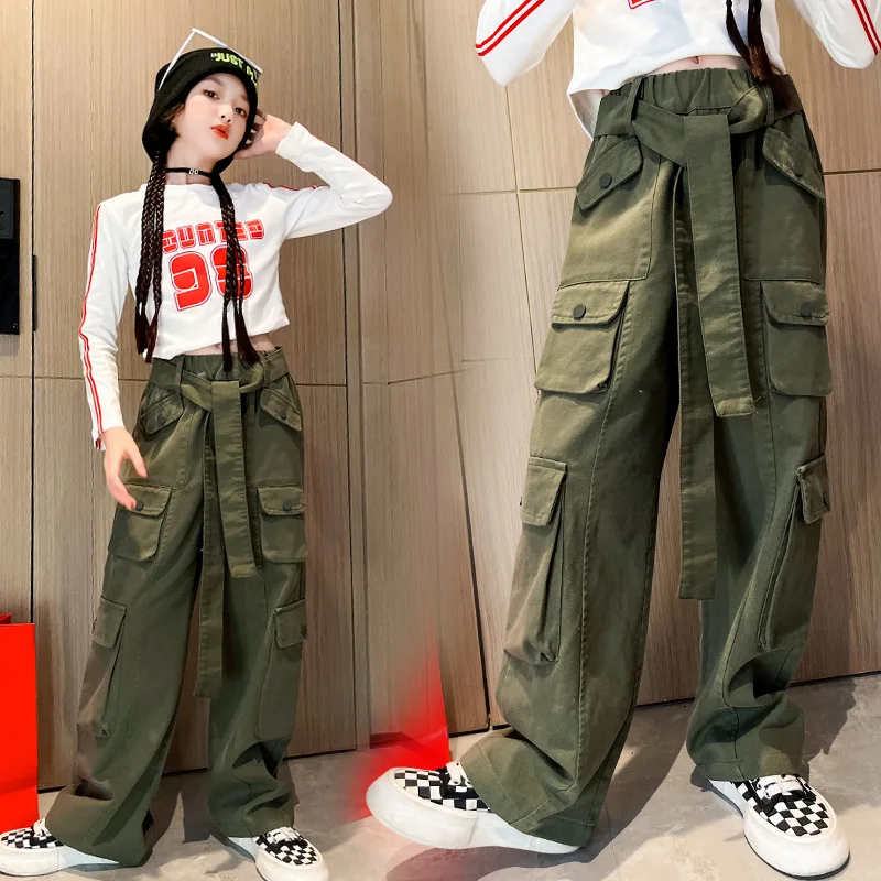 

Fashion Teenage Girls Cargo Pants Autumn Children Army Green Trousers with Belt Cotton Korean Black Sports Pants for Kids 8 12T