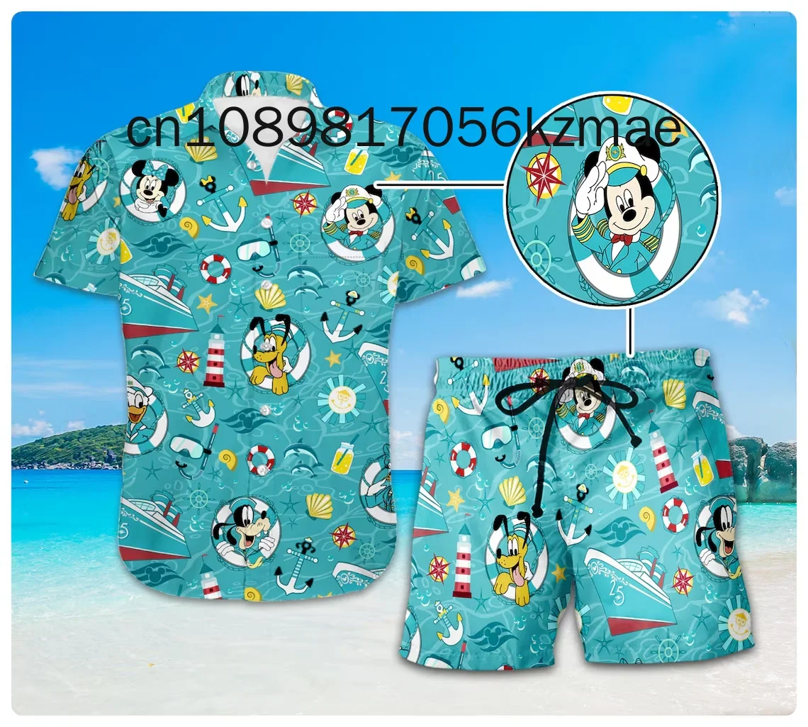 ickey and Friends Cruise Hawaiian Shirt Shorts Set Casual Beach Vacation Short Sleeve Set Disney Beach Shorts Retro Button Shirt